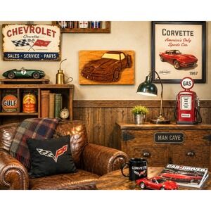 Handcrafted Intarsia Wood Corvette C4 Wall Art Mosaic 3D Sports Car Plaque 12x7"